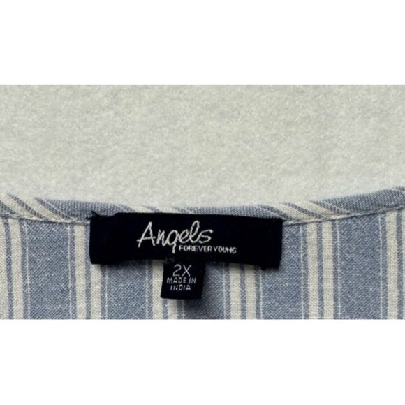 Angels New York Womens 2X Blue & White Striped Boho Blouse Pom Pom Tassel Ties - Picture 3 of 9